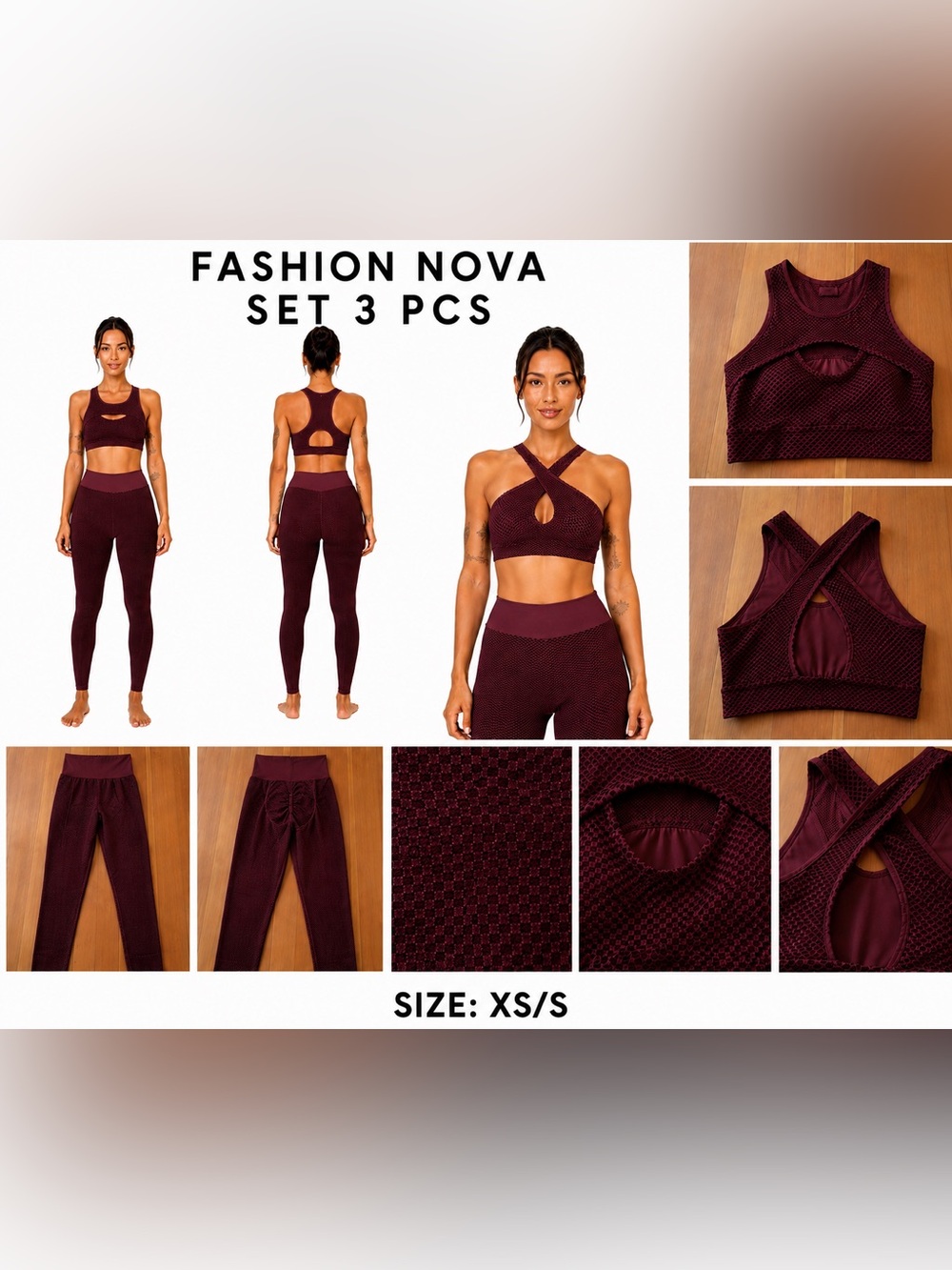 NWOT Fashion Nova Burgundy Textured 3-Piece Active Set Size Small